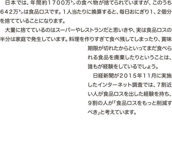 日本では、年間約１７００万㌧の食べ物が捨てられていますが、このうち６４２万㌧は食品ロスです。１人当たりに換算すると、毎日おにぎり１、２個分を捨てていることになります。　大量に捨てているのはスーパーやレストランだと思いきや、実は食品ロスの半分は家庭で発生しています。料理を作りすぎて食べ残してしまったり、賞味期限が切れたからといってまだ食べられる食品を廃棄したりということは、誰もが経験をしているでしょう。　日経新聞が２０１５年１１月に実施したインターネット調査では、７割近い人が食品ロスを出した経験を持ち、９割の人が「食品ロスをもっと削減すべき」と考えています。