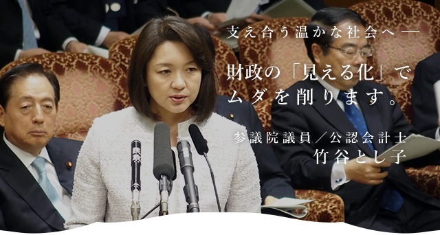 支え合う温かな社会へ－－財政の「見える化」でムダを削ります。　参議院議員／公認会計士 竹谷とし子