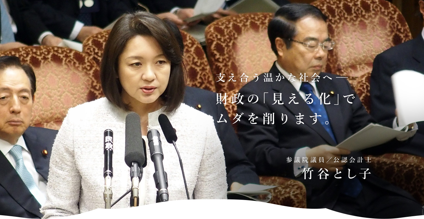 支え合う温かな社会へ－－財政の「見える化」でムダを削ります。　参議院議員／公認会計士 竹谷とし子